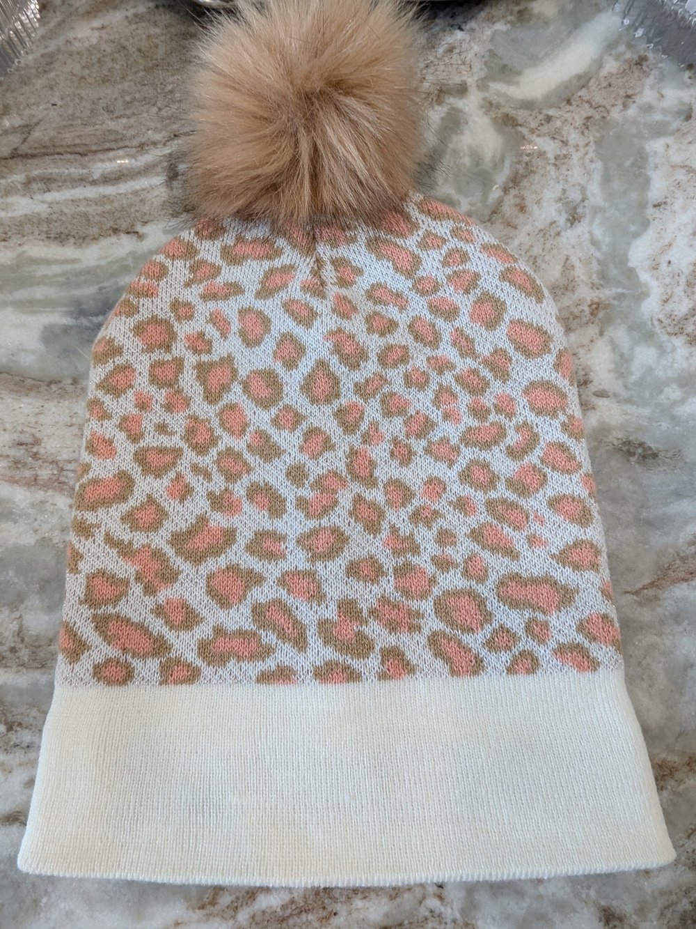 bebe Ladies Leopard Knit Hat & Scarf Set in Beige/Pink - Picture 12 of 16